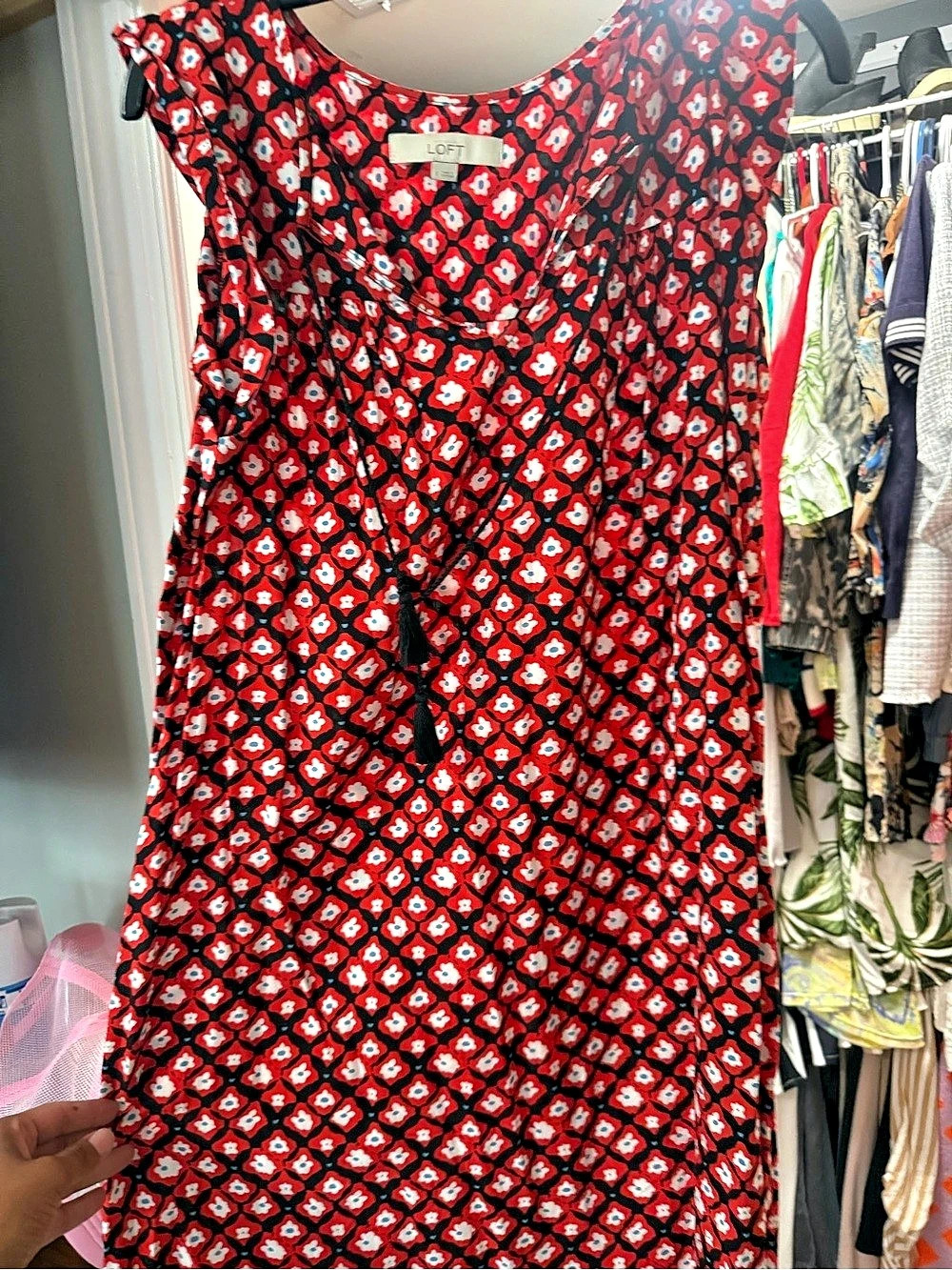 LOFT Amaryllis Tassel Shift Mini Dress Red & Black Small